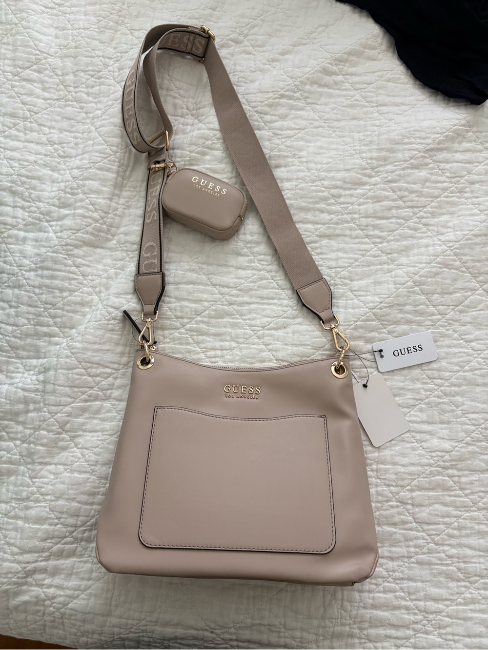 NWT GUESS Beige Taupe Crossbody Bag with Detachable Logo Strap